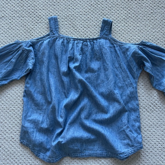 MADEWELL linen cotton blend chambray denim blue top cold shoulder 3/4 sleeves - Picture 6 of 10